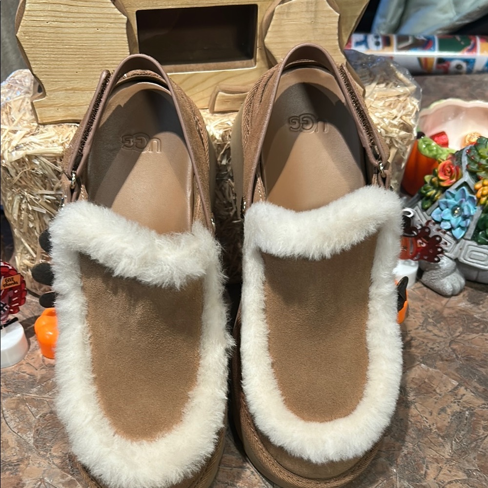 UGG Women's Tan and White Shearling Platform Clogs